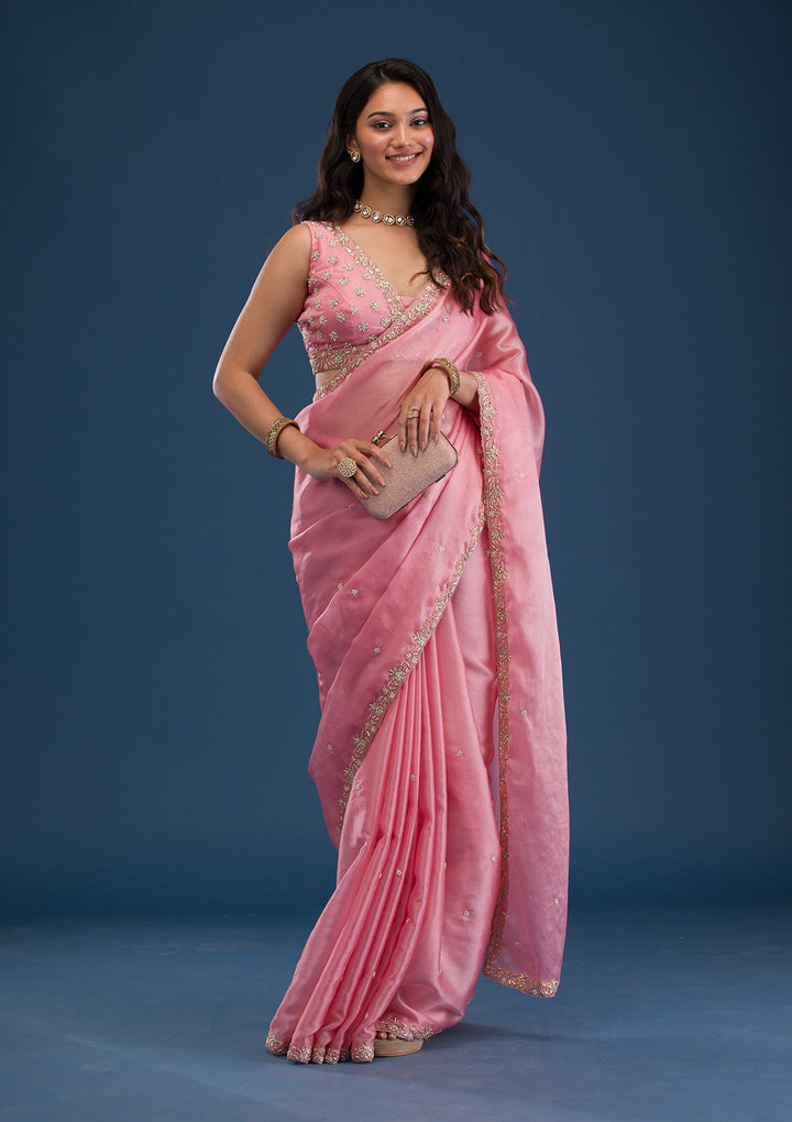 Baby Pink Pearlwork Tissue Saree-Koskii