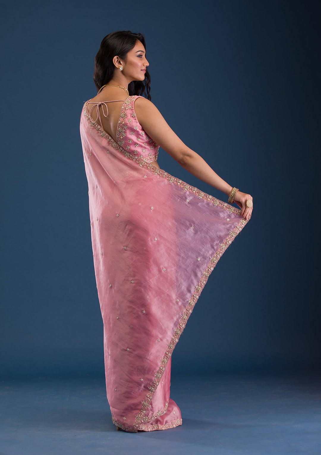 Baby Pink Pearlwork Tissue Saree-Koskii