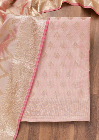 Baby Pink Printed Banarasi Unstitched Salwar Suit-Koskii