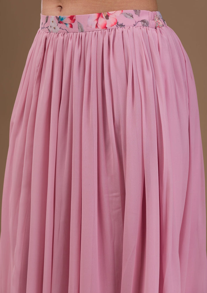 Baby Pink Printed Georgette Readymade Lehenga-Koskii