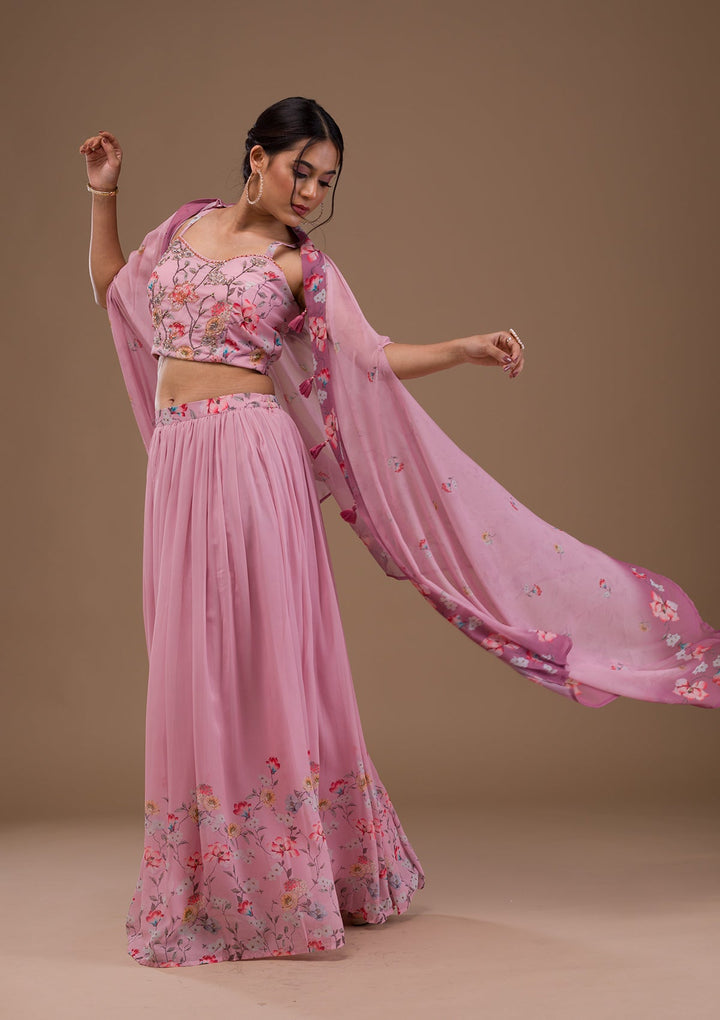Baby Pink Printed Georgette Readymade Lehenga-Koskii