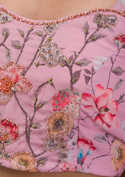 Baby Pink Printed Georgette Readymade Lehenga-Koskii