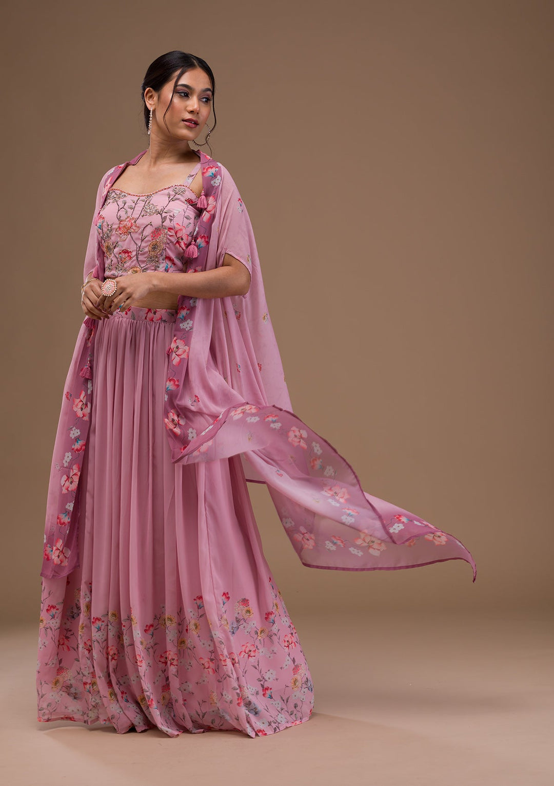 Baby Pink Printed Georgette Readymade Lehenga-Koskii