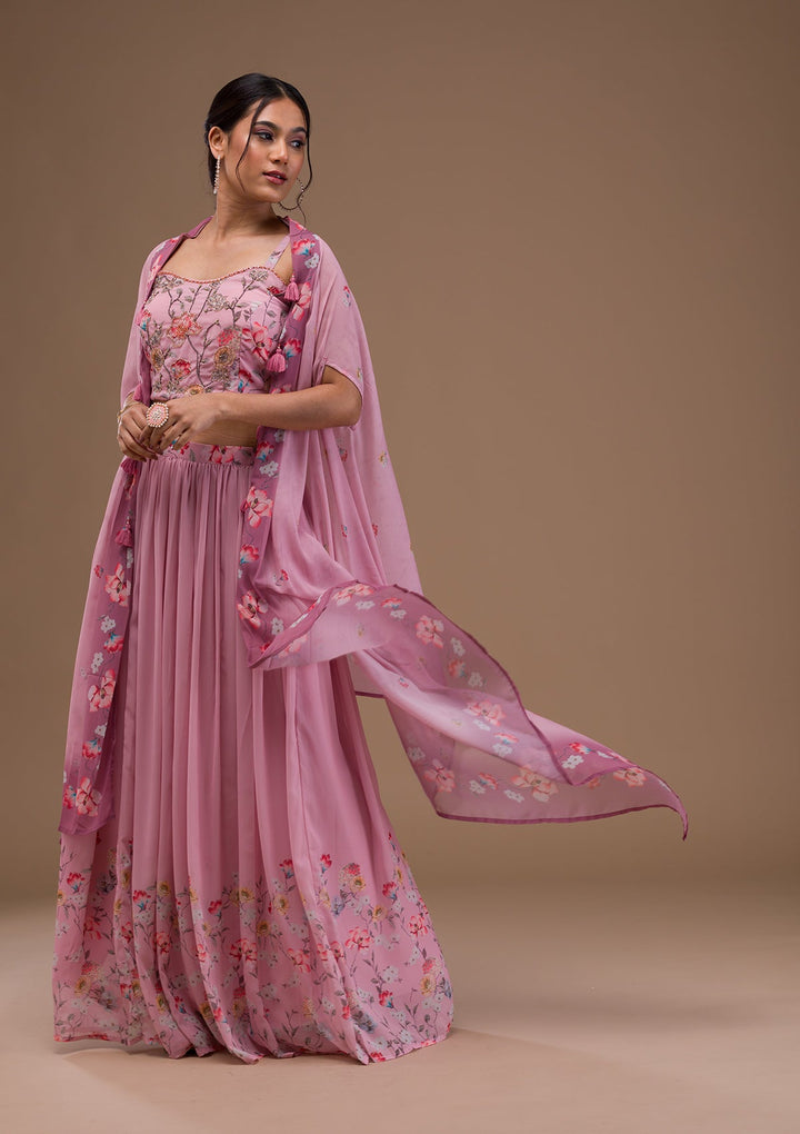 Baby Pink Printed Georgette Readymade Lehenga-Koskii