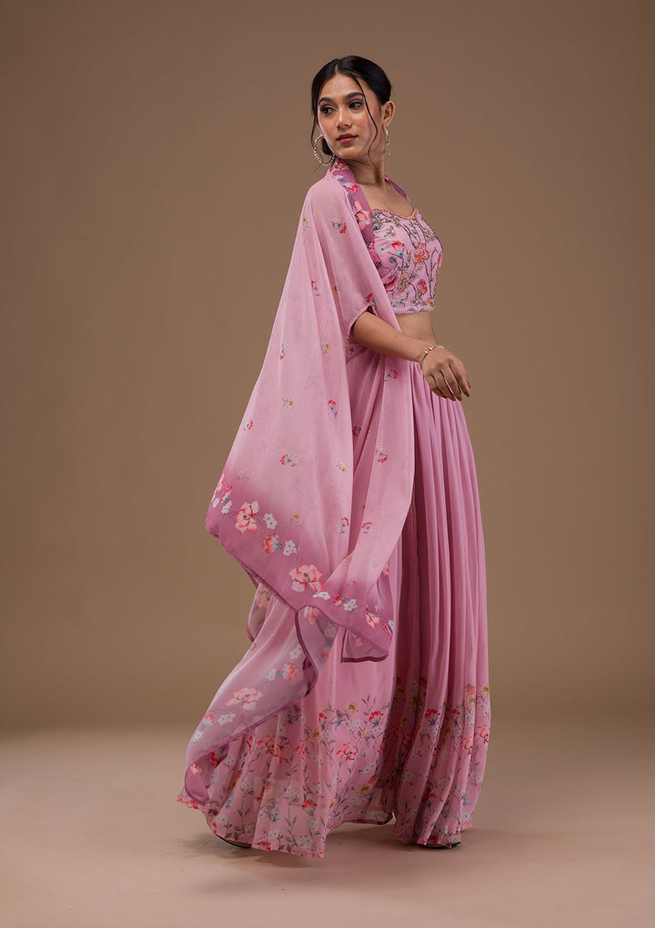 Baby Pink Printed Georgette Readymade Lehenga-Koskii