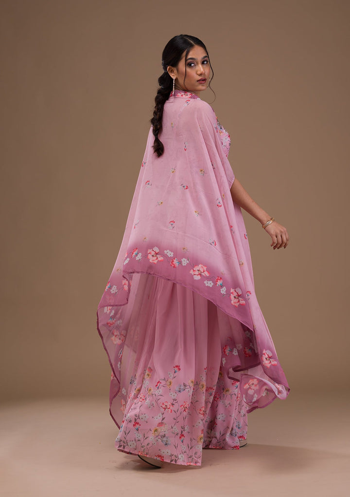 Baby Pink Printed Georgette Readymade Lehenga-Koskii