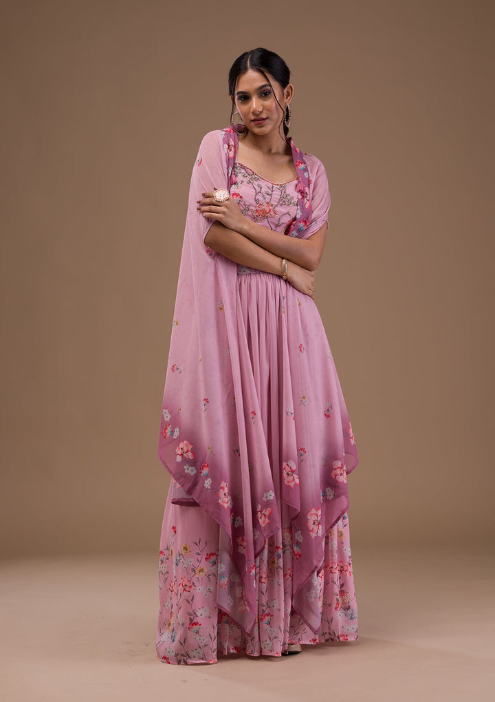 Baby Pink Printed Georgette Readymade Lehenga-Koskii