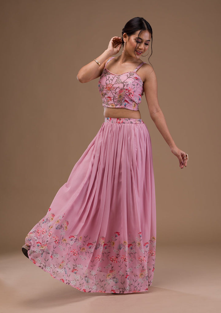 Baby Pink Printed Georgette Readymade Lehenga-Koskii