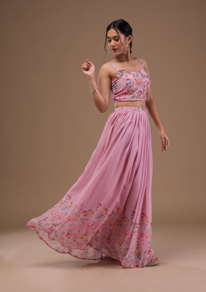 Baby Pink Printed Georgette Readymade Lehenga-Koskii