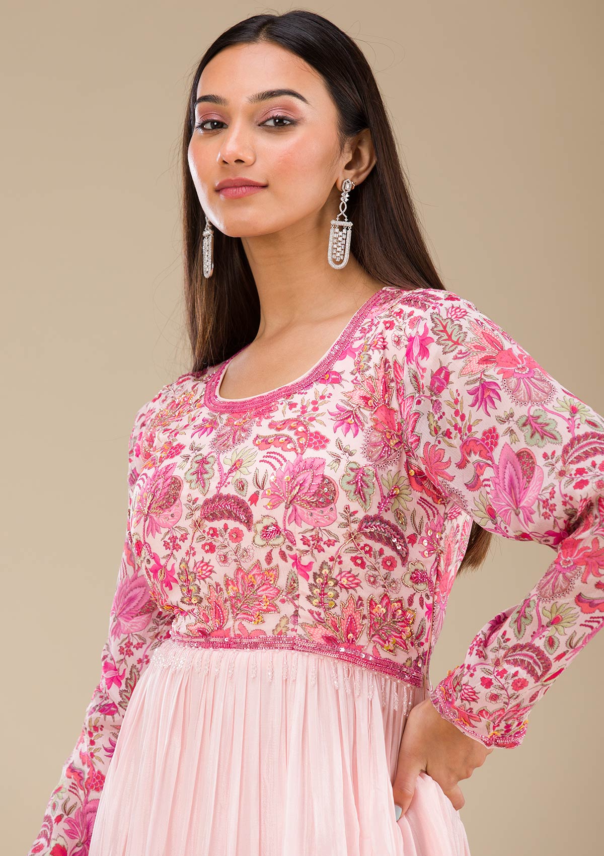 Baby Pink Printed Georgette Readymade Salwar Suit-Koskii