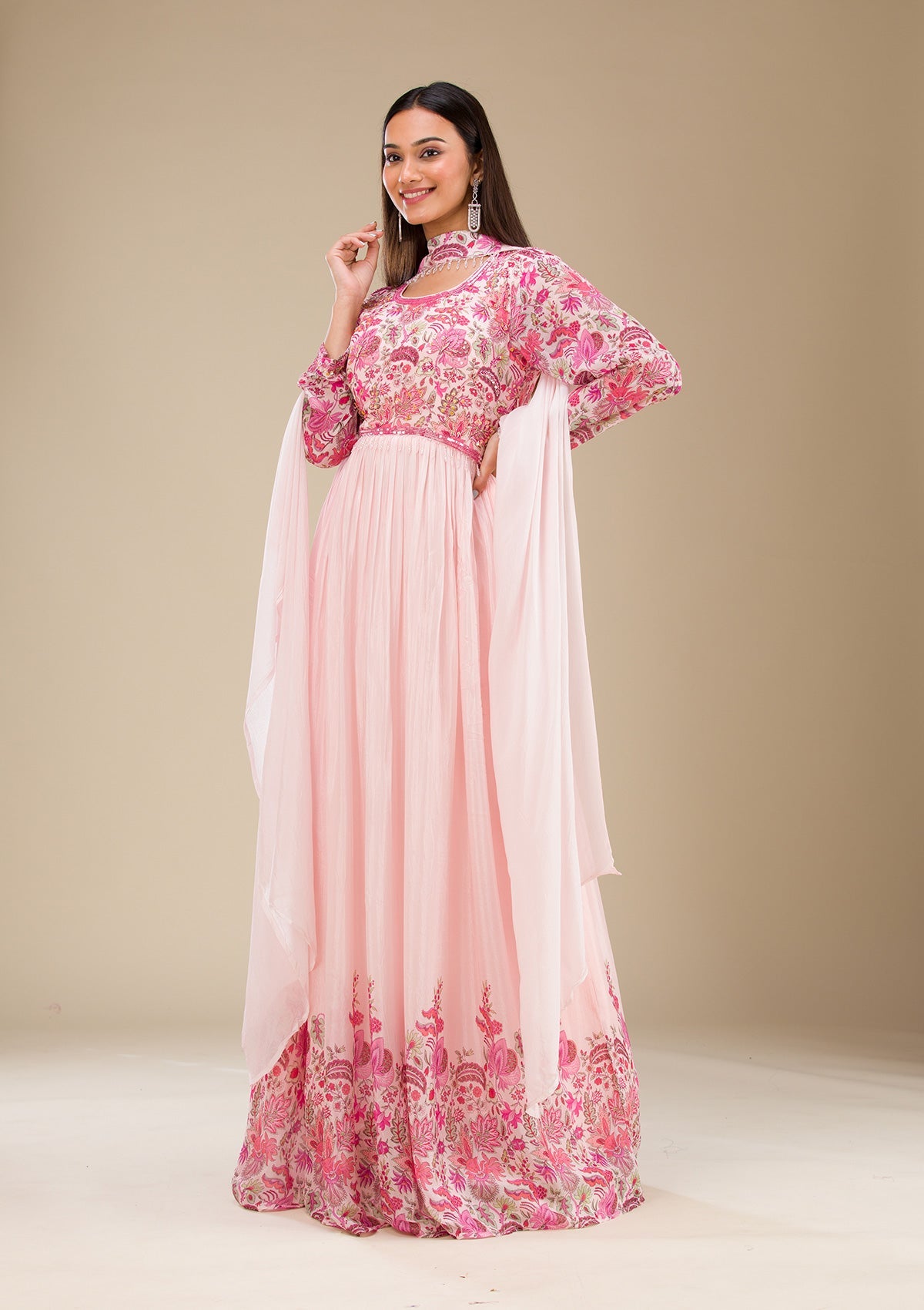 Baby Pink Printed Georgette Readymade Salwar Suit-Koskii