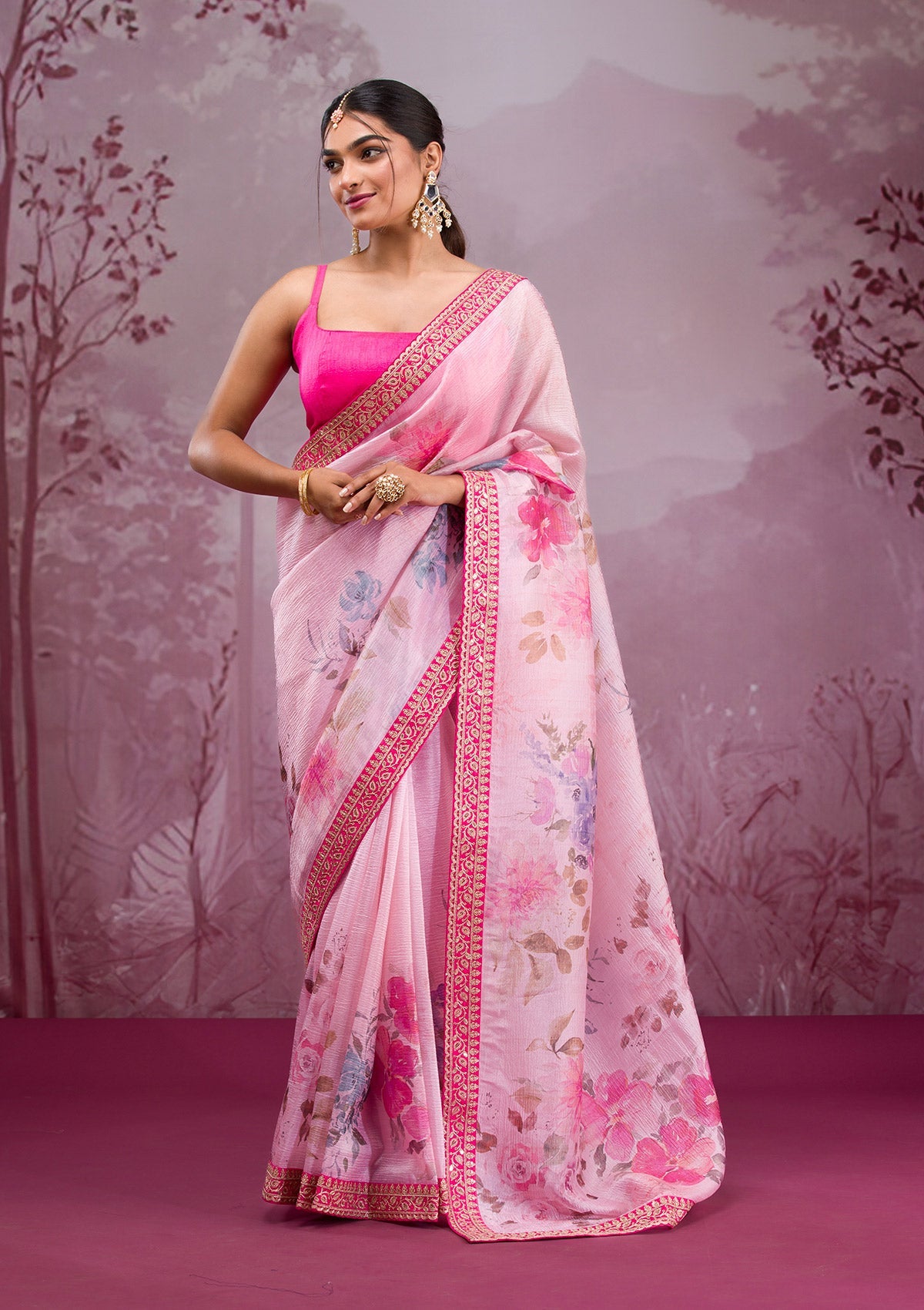 Baby Pink Printed Georgette Saree-Koskii