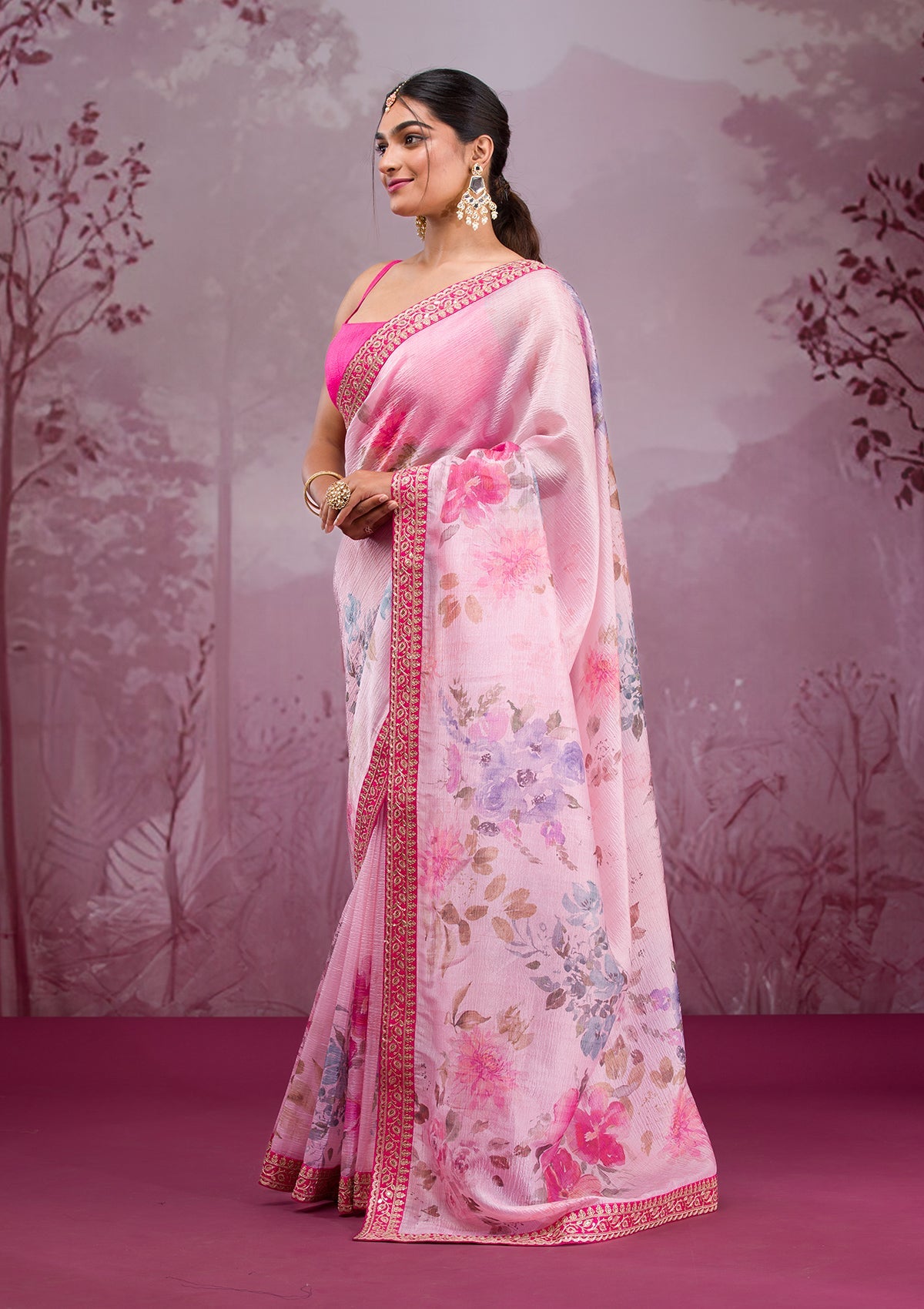 Baby Pink Printed Georgette Saree-Koskii