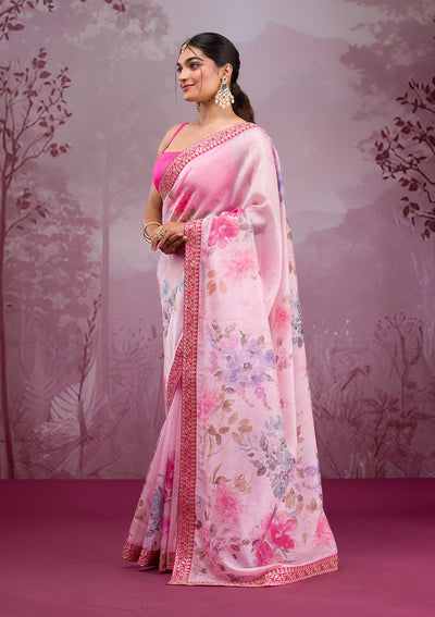 Baby Pink Printed Georgette Saree-Koskii