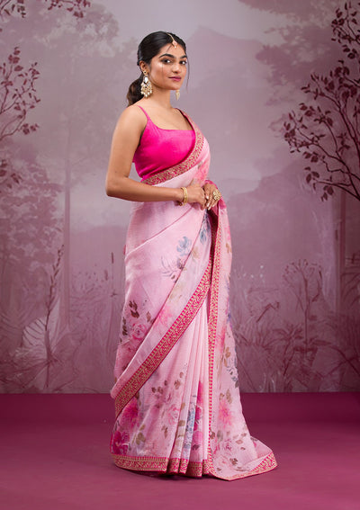 Baby Pink Printed Georgette Saree-Koskii