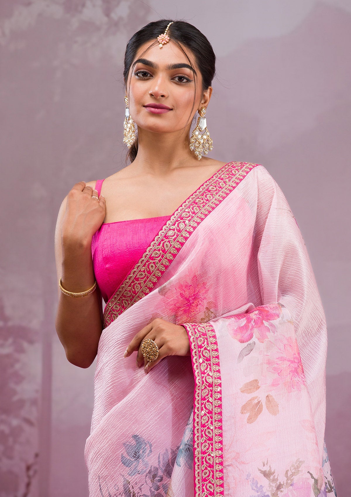 Baby Pink Printed Georgette Saree-Koskii