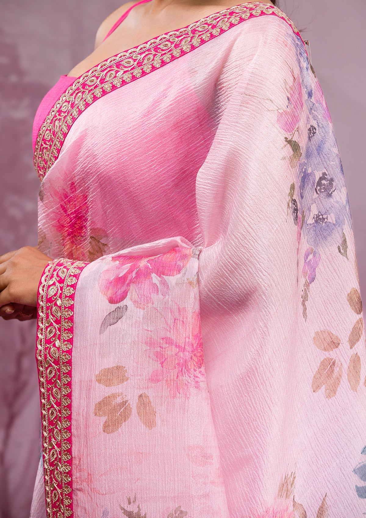 Baby Pink Printed Georgette Saree-Koskii