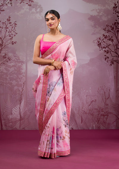 Baby Pink Printed Georgette Saree-Koskii