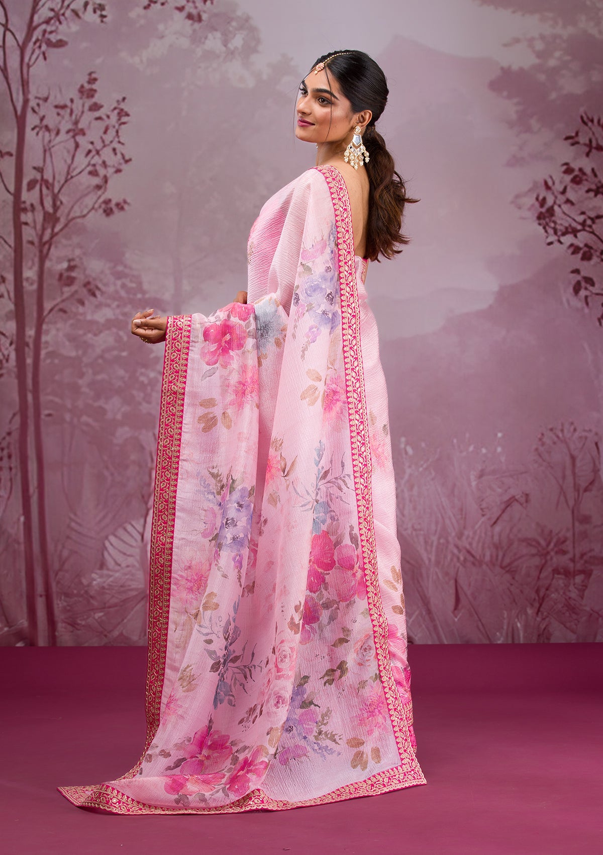 Baby Pink Printed Georgette Saree-Koskii