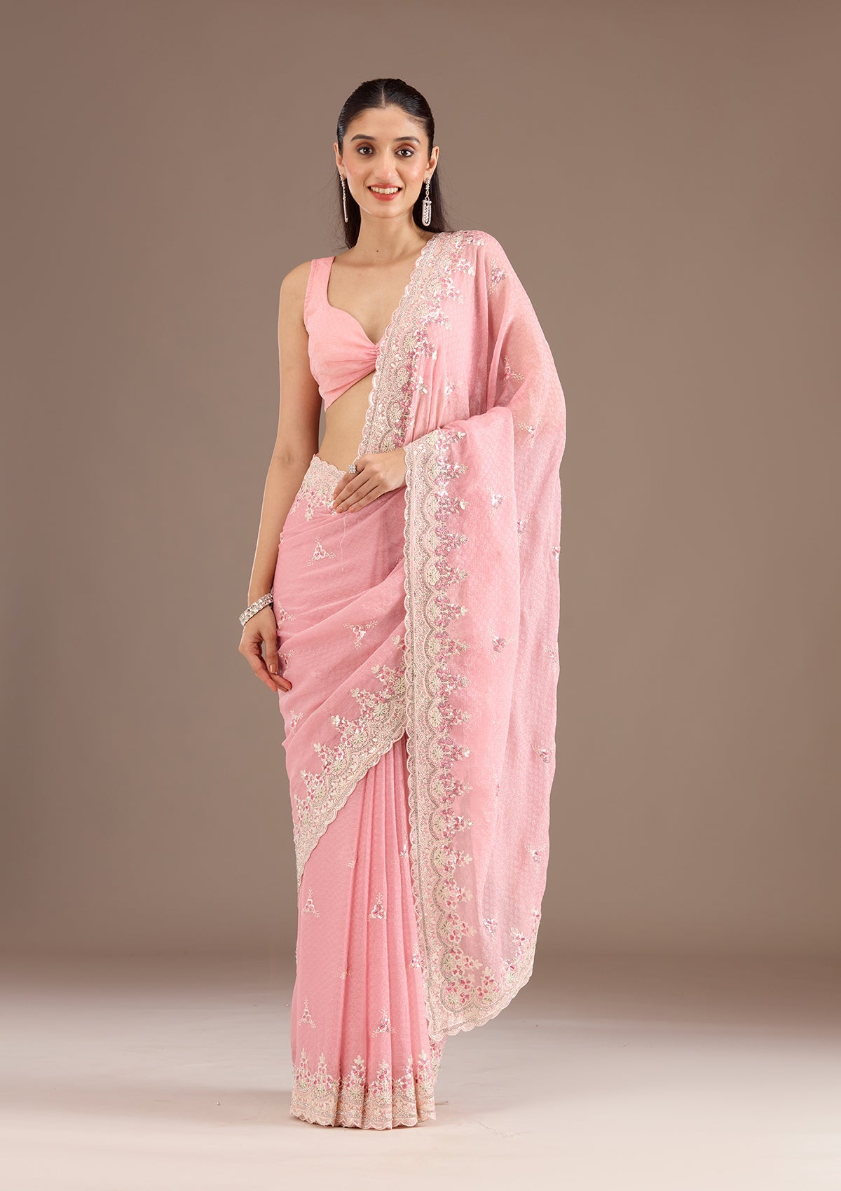 Baby Pink Sequins Chiffon Saree-Koskii