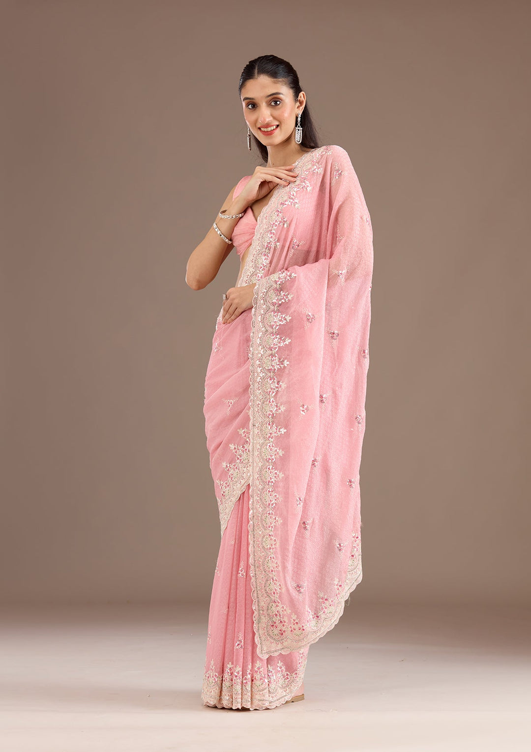 Baby Pink Sequins Chiffon Saree-Koskii