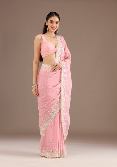 Baby Pink Sequins Chiffon Saree-Koskii