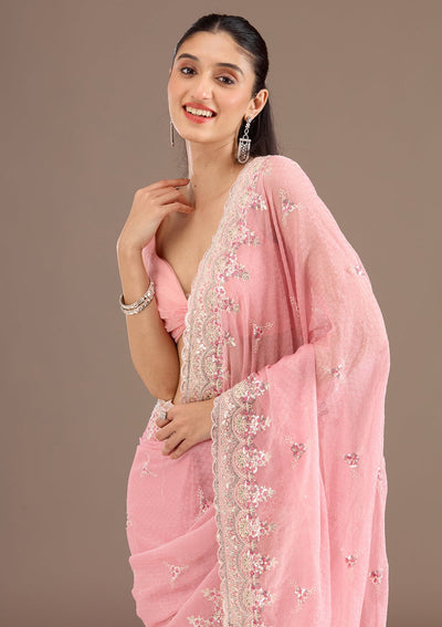 Baby Pink Sequins Chiffon Saree-Koskii