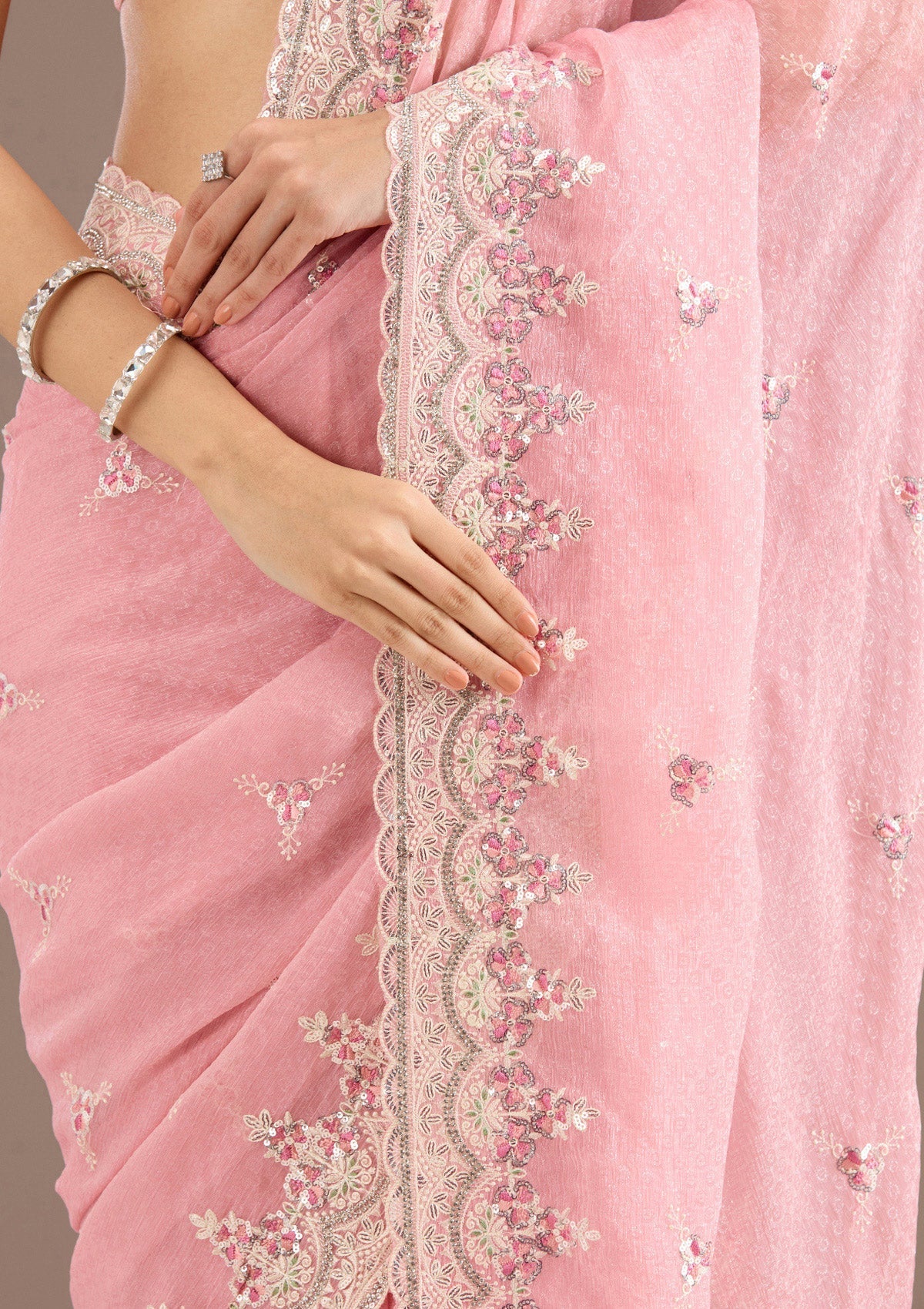 Baby Pink Sequins Chiffon Saree-Koskii