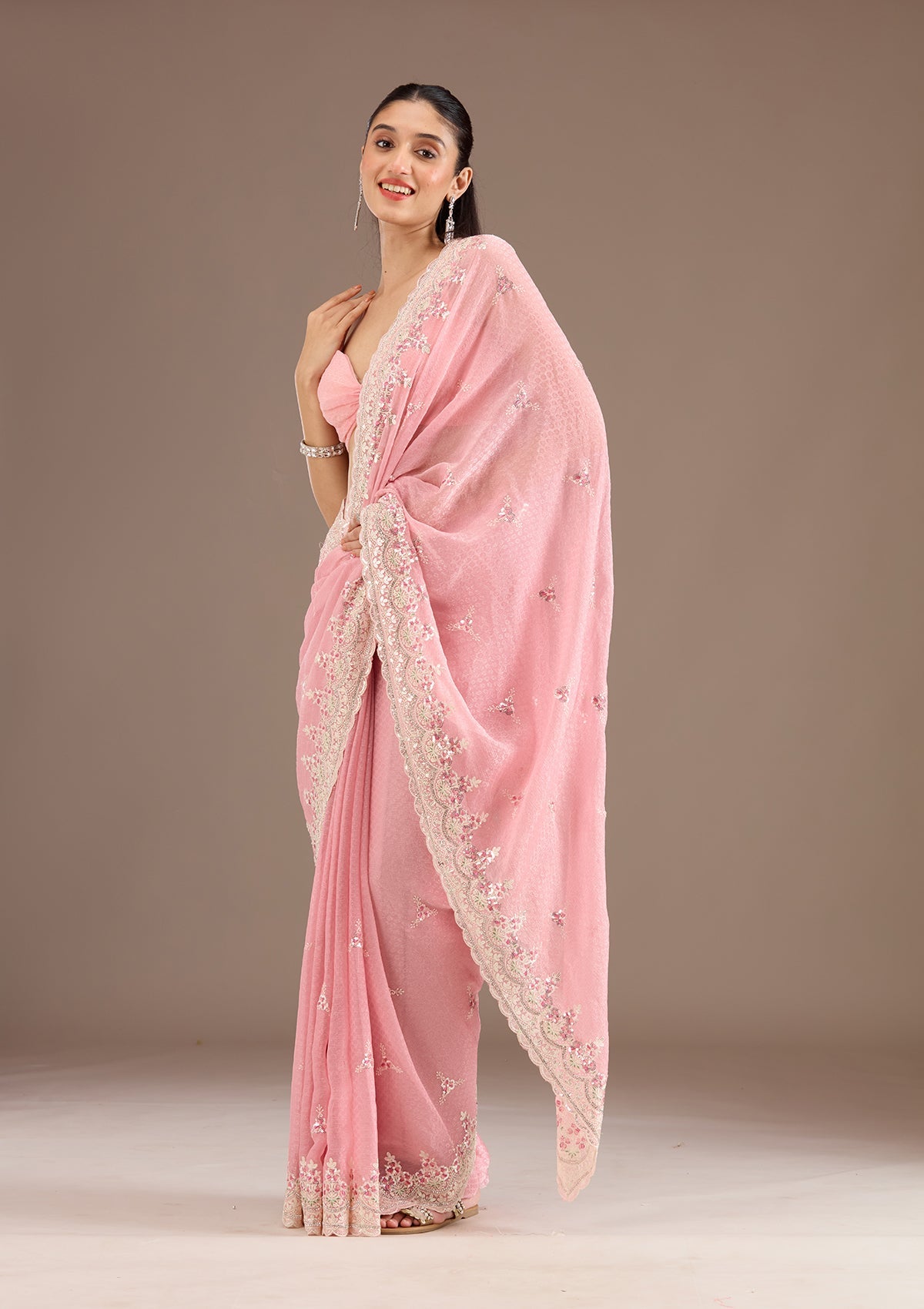 Baby Pink Sequins Chiffon Saree-Koskii