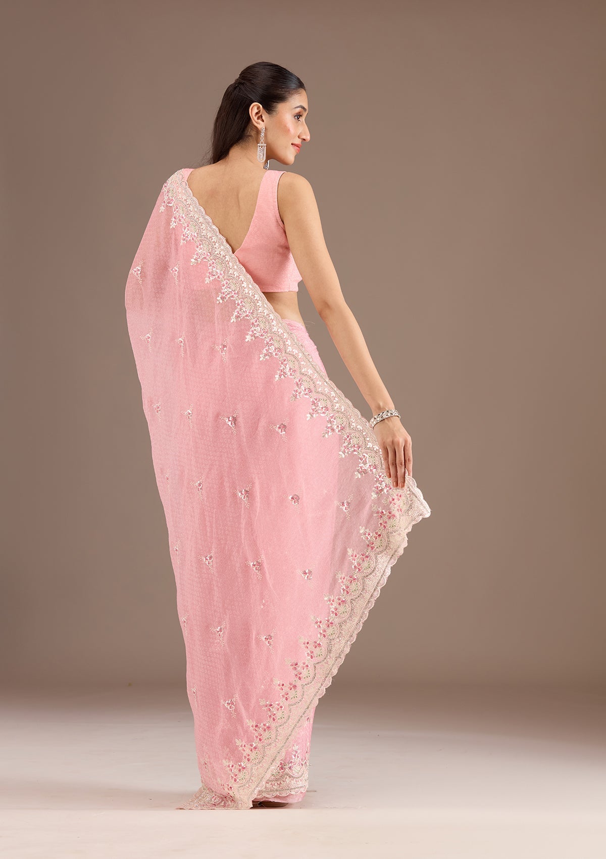 Baby Pink Sequins Chiffon Saree-Koskii