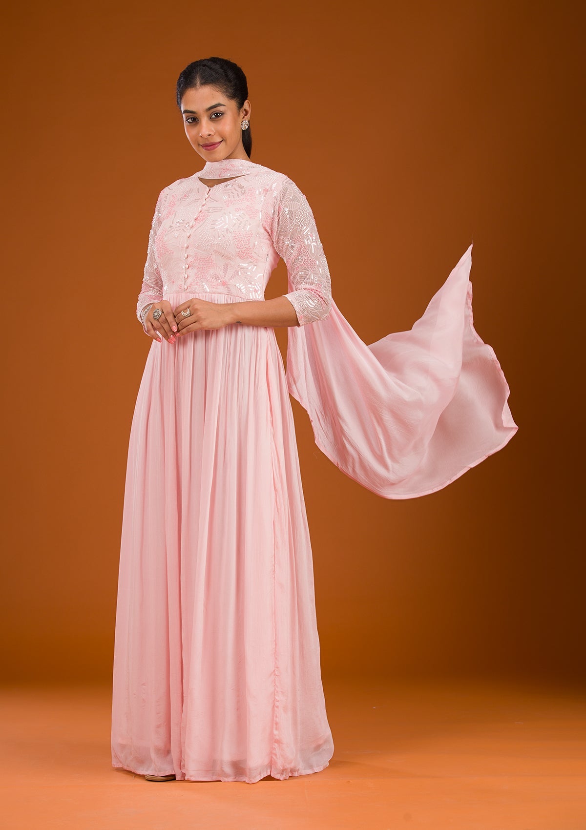 Baby Pink Sequins Georgette Readymade Salwar Suit-Koskii