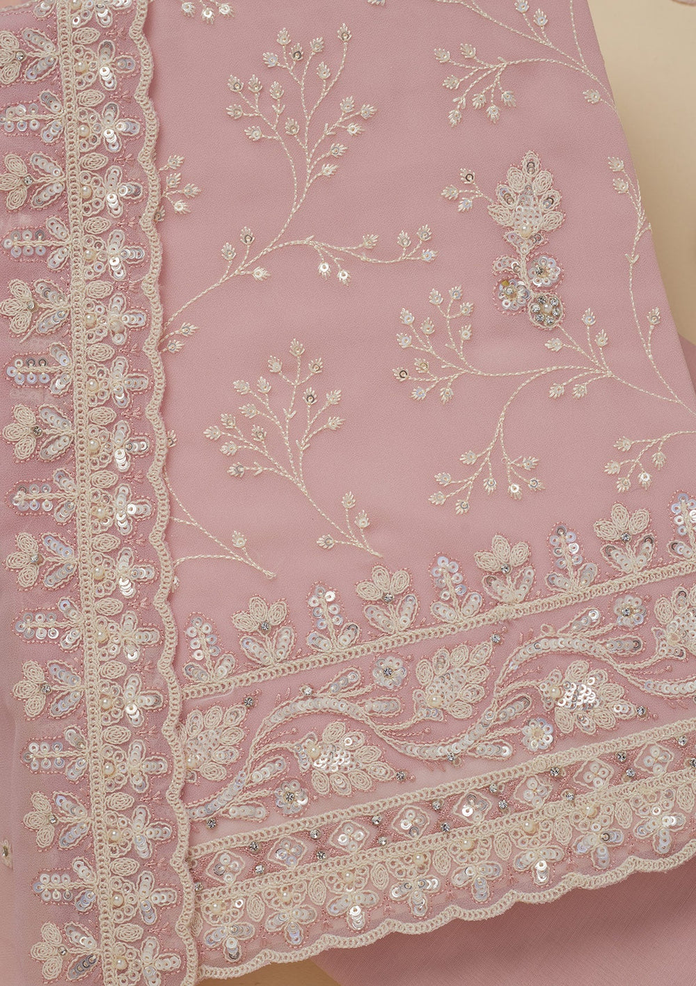 Baby Pink Sequins Georgette Unstitched Salwar Suit-Koskii