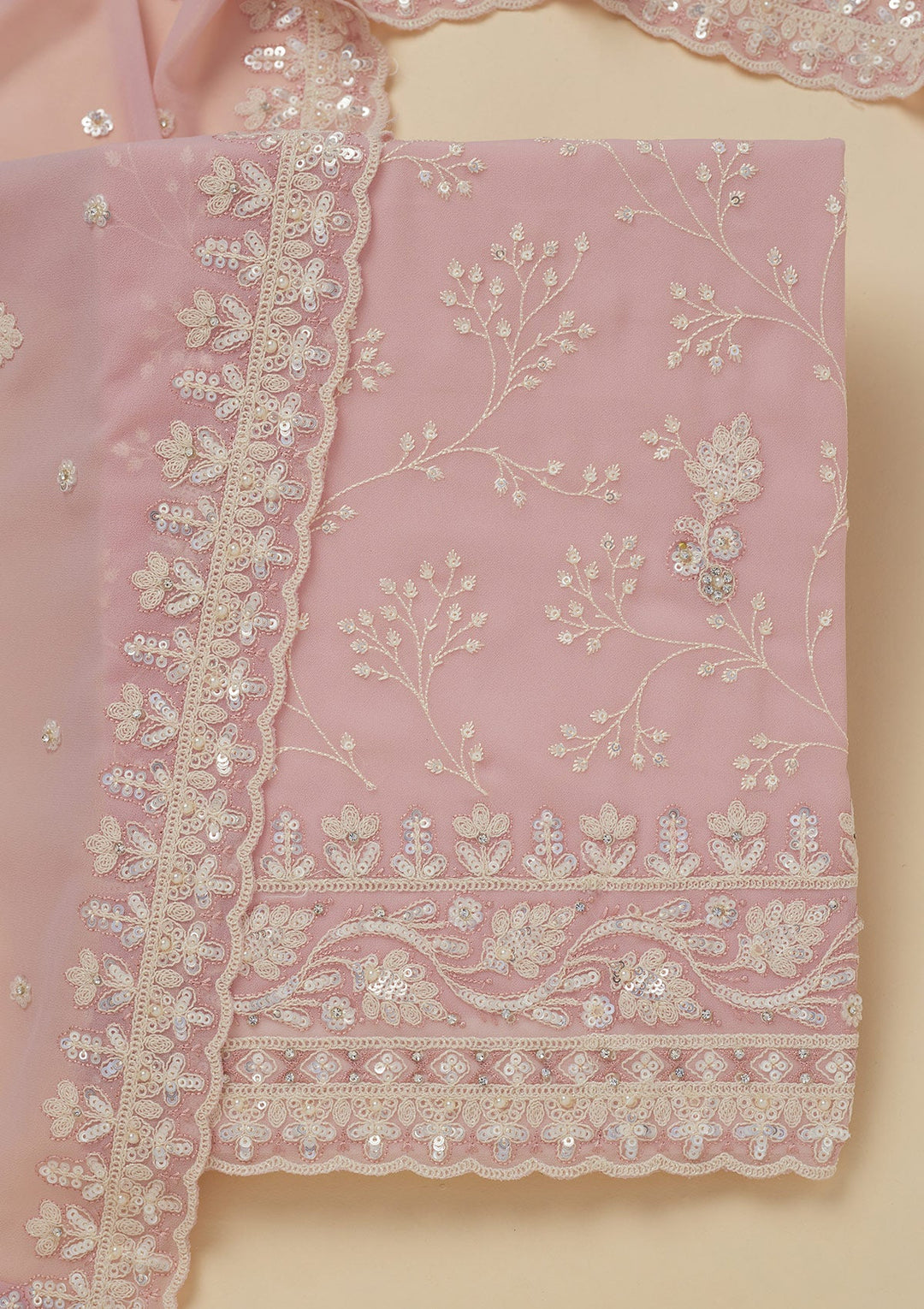 Baby Pink Sequins Georgette Unstitched Salwar Suit-Koskii