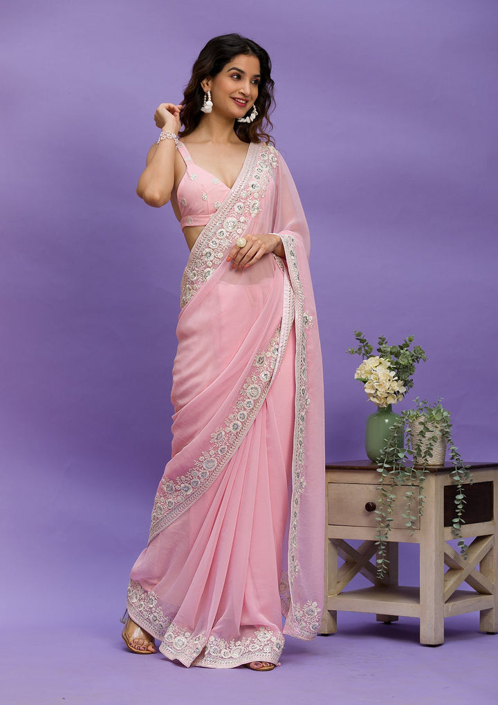 Light Grey Zariwork Net Designer Saree-Koskii