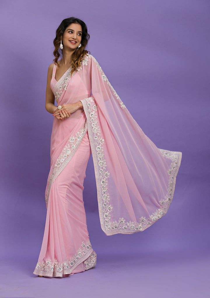 Light Grey Zariwork Net Designer Saree-Koskii