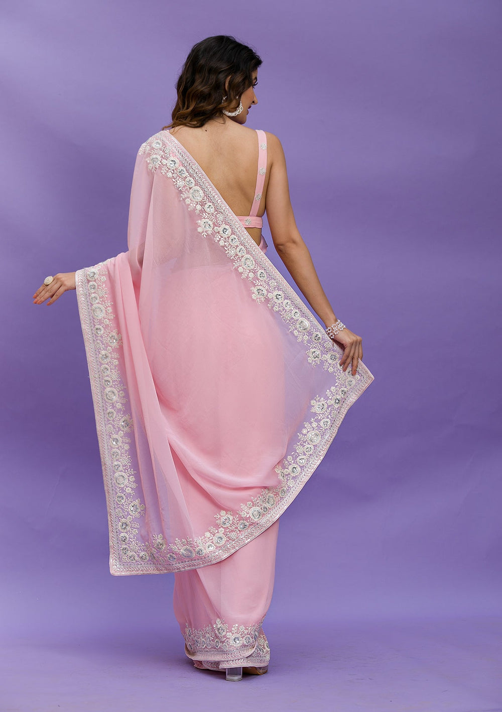 Light Grey Zariwork Net Designer Saree-Koskii