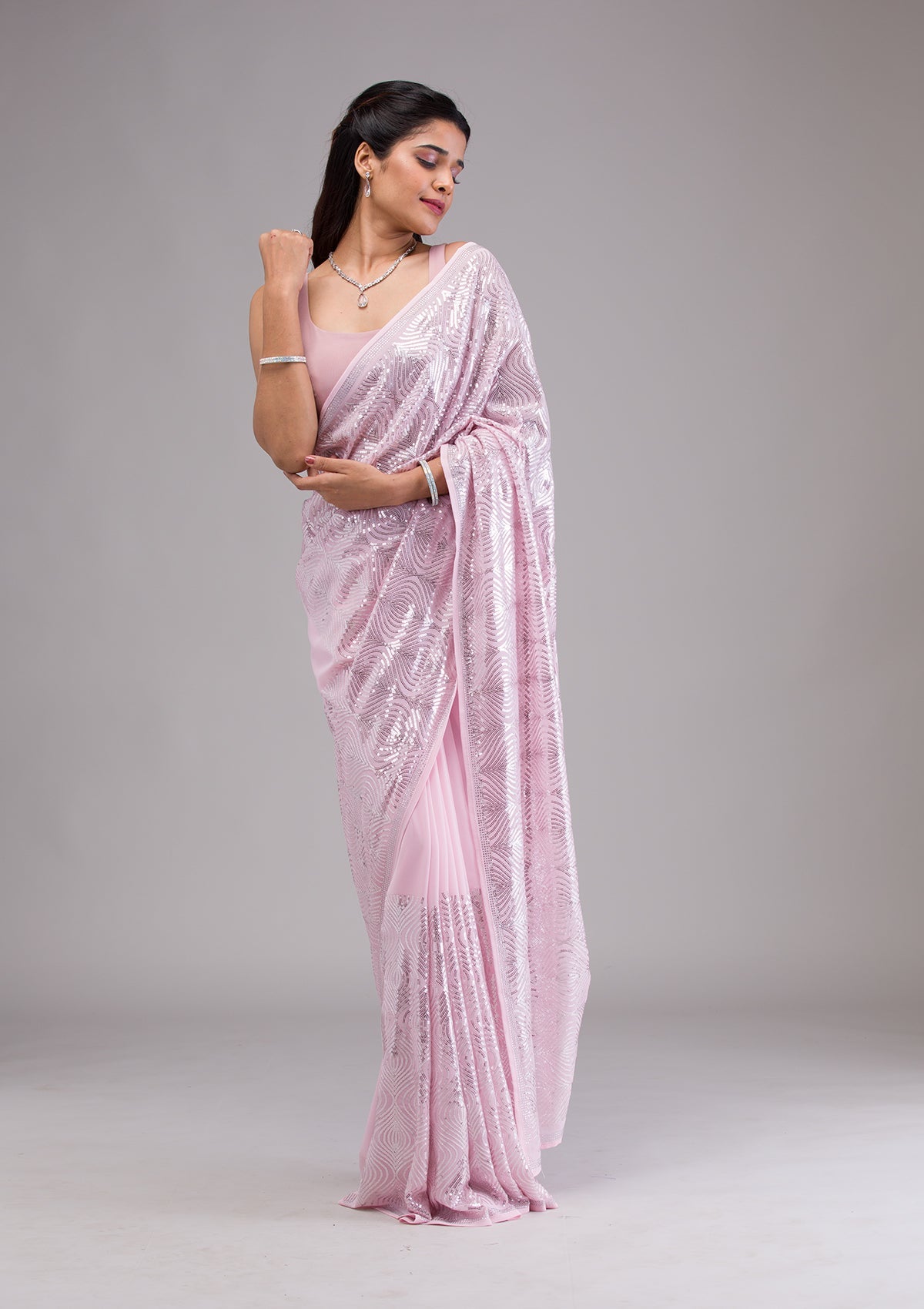 Baby Pink Sequins Georgette Saree-Koskii