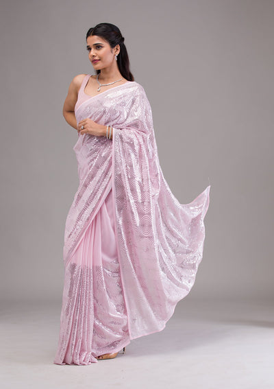 Baby Pink Sequins Georgette Saree-Koskii