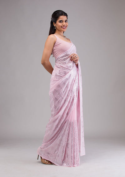 Baby Pink Sequins Georgette Saree-Koskii