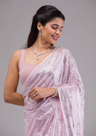 Baby Pink Sequins Georgette Saree-Koskii