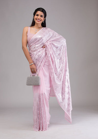 Baby Pink Sequins Georgette Saree-Koskii