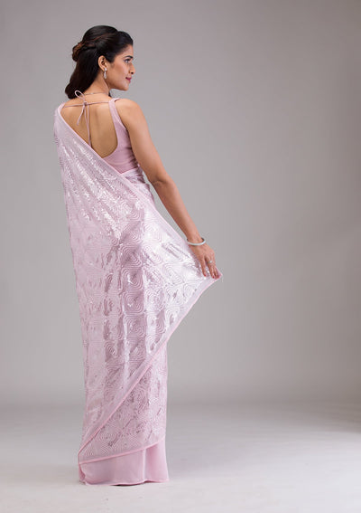 Baby Pink Sequins Georgette Saree-Koskii