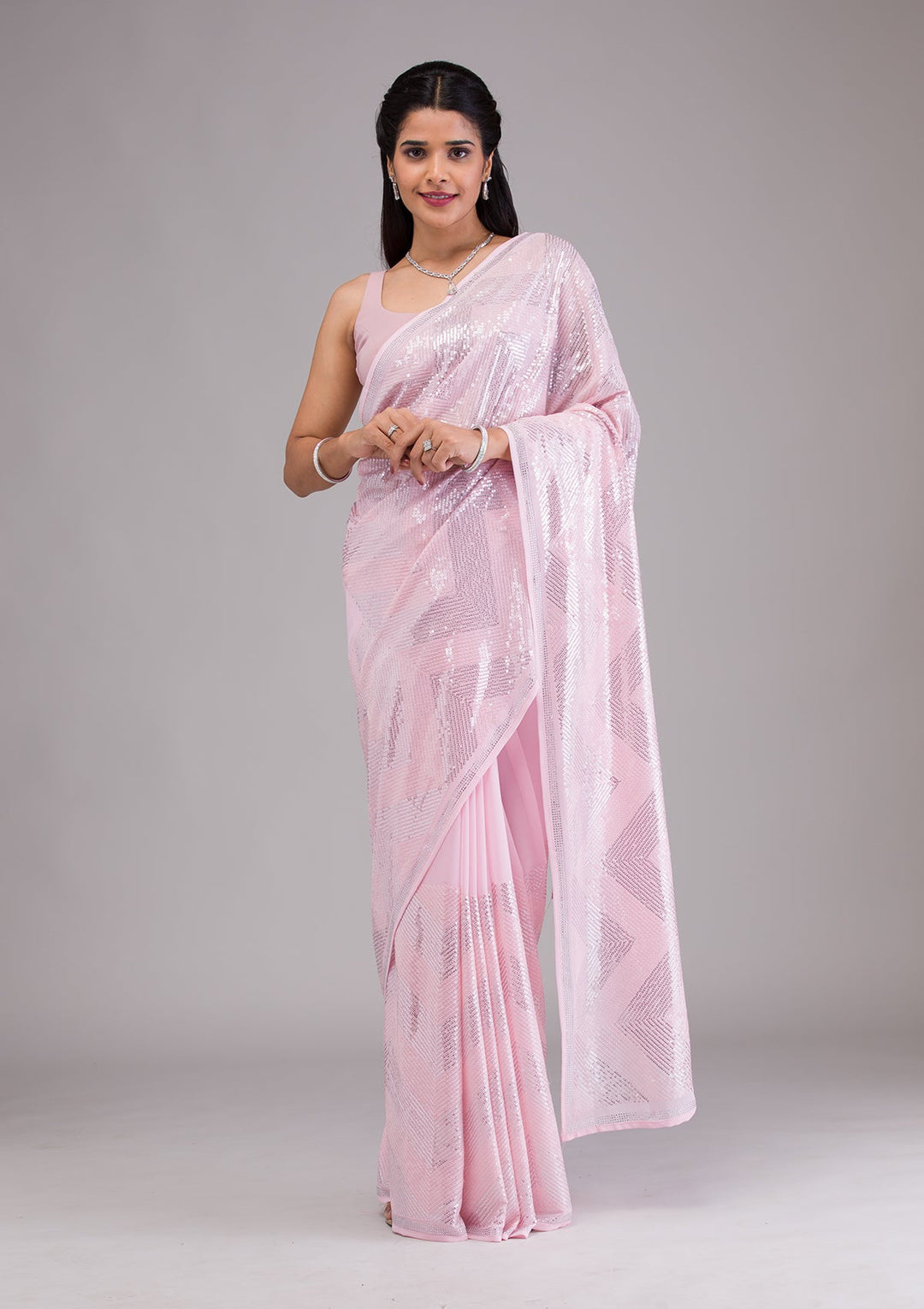 Baby Pink Sequins Georgette Saree-Koskii