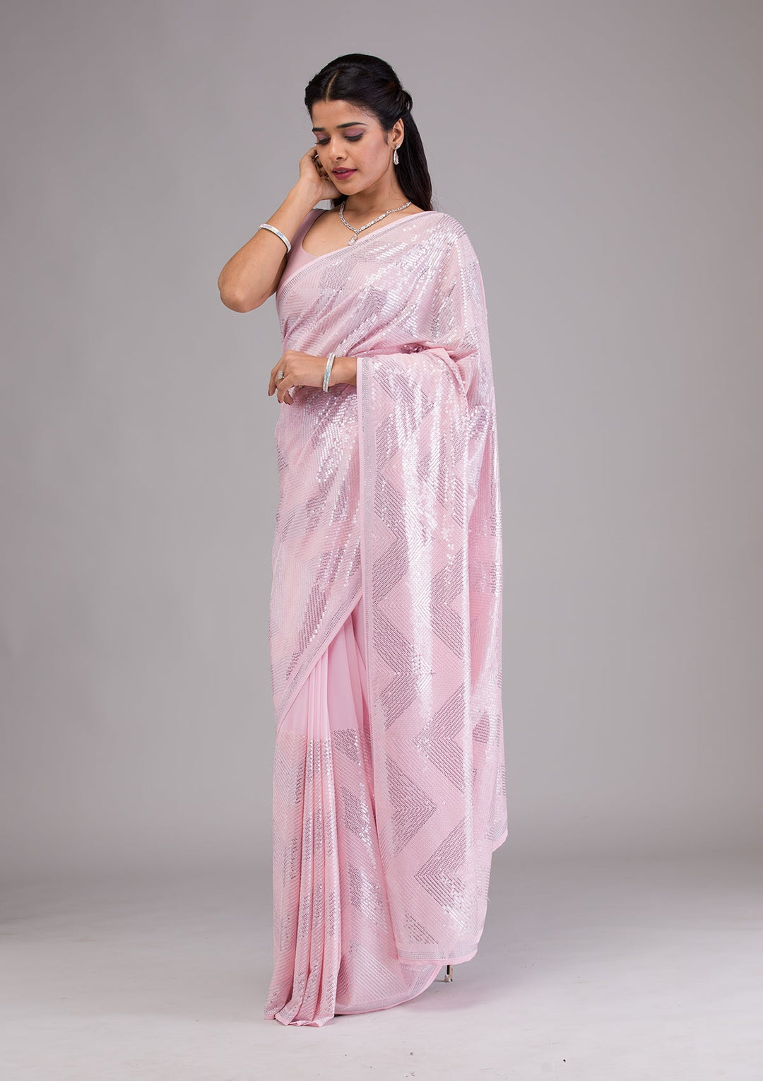 Baby Pink Sequins Georgette Saree-Koskii