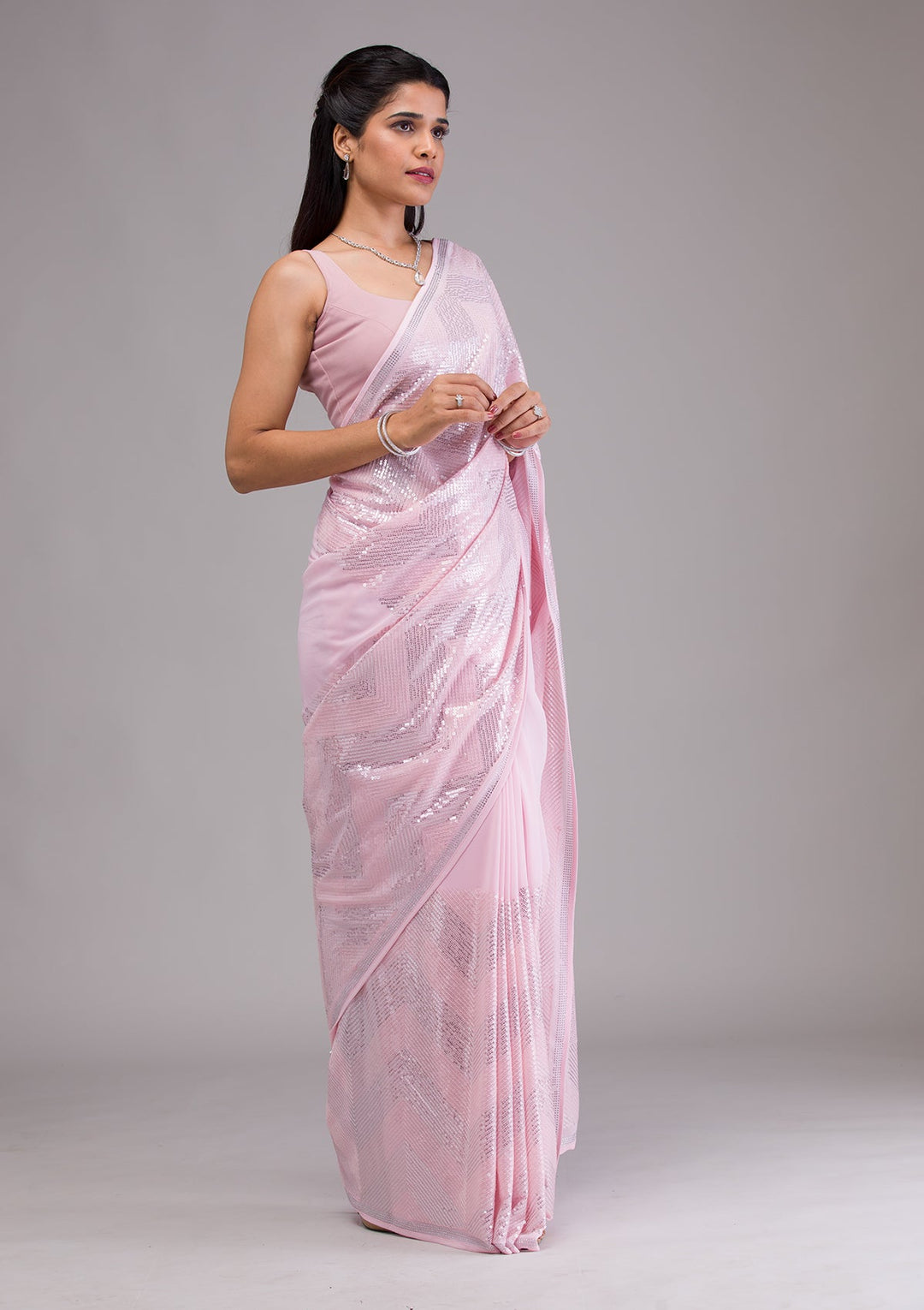 Baby Pink Sequins Georgette Saree-Koskii