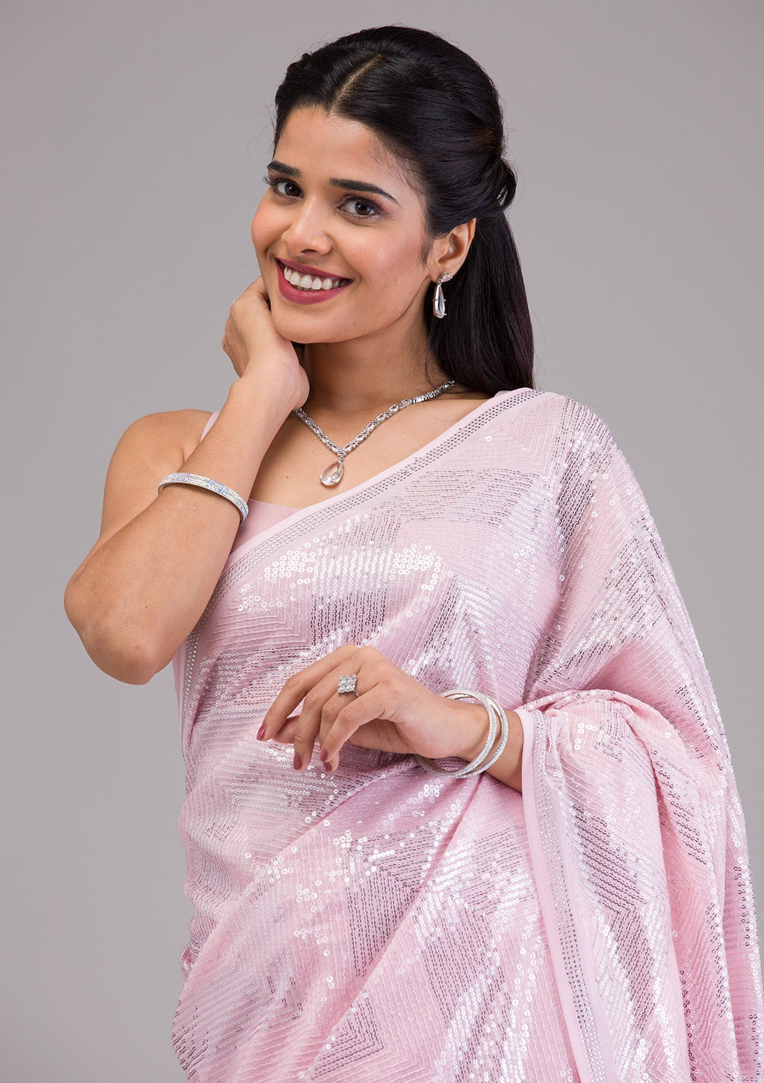 Baby Pink Sequins Georgette Saree-Koskii