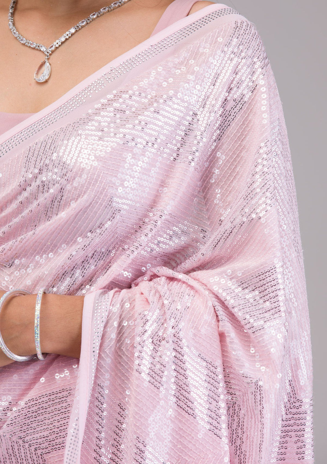 Baby Pink Sequins Georgette Saree-Koskii