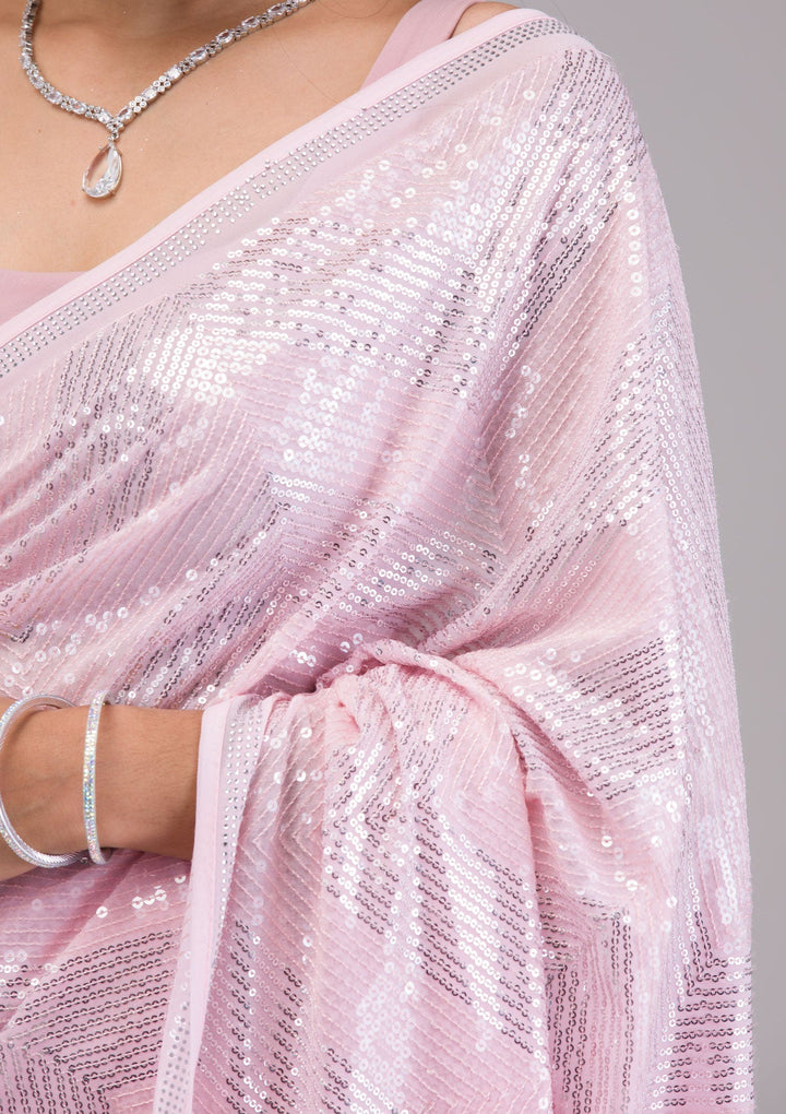 Baby Pink Sequins Georgette Saree-Koskii