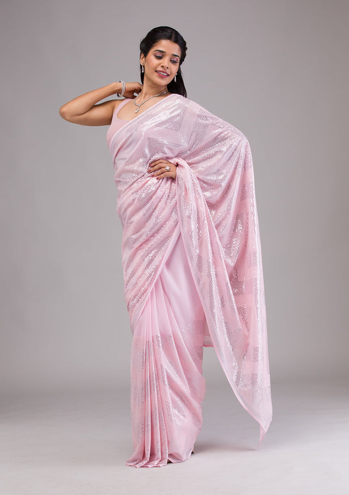 Baby Pink Sequins Georgette Saree-Koskii