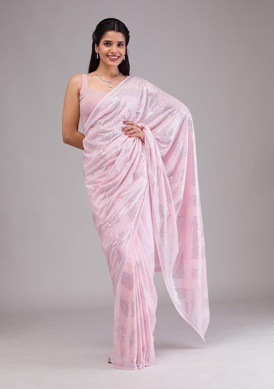 Baby Pink Sequins Georgette Saree-Koskii